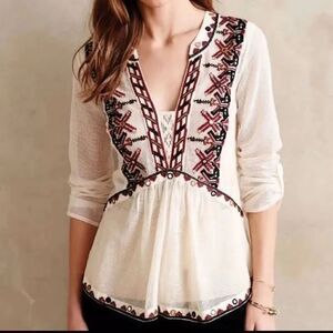 Akemi + Kin Anthropologie Ibis Boho Peasant Mesh Embroidered Top Size M